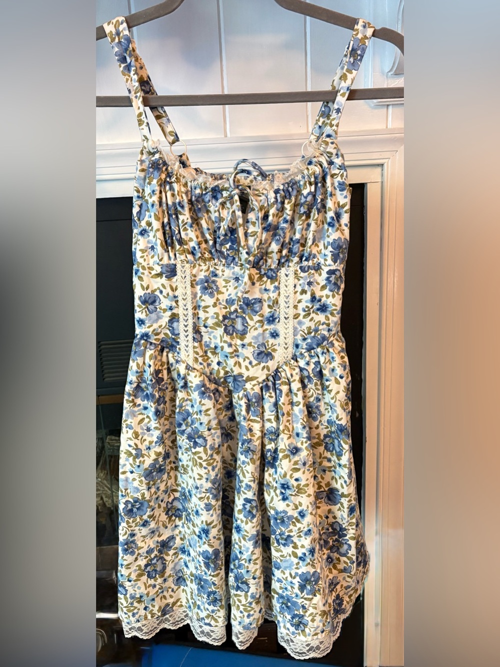 Wild fable Blue Floral Midi Corsette Dress with Lace Trim